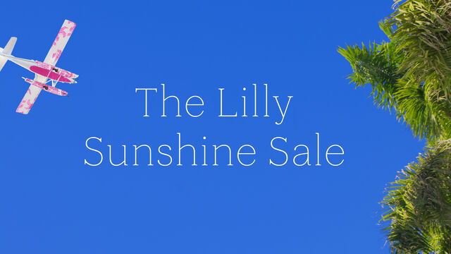Scene of plane flying in bright blue sky with word The Lilly Sunshine Sale